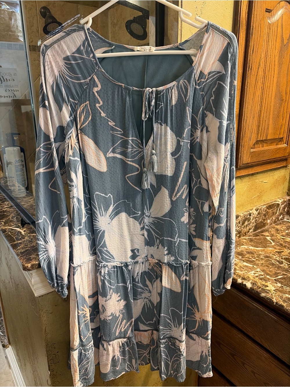 lovestitch Dusty Blue and Cream Floral Long Sleeve Tiered Dress